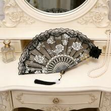 哥特式蕾丝折扇，饰以人造玫瑰和十字架 - 复古维多利亚风格手扇，适合洛丽塔时尚、角色扮演、婚礼、茶会和万圣节服装配饰 - 优雅的黑色/白色/粉色/红色花卉蕾丝扇，带流苏，适合女性和女孩 - 多色 - 查看 4