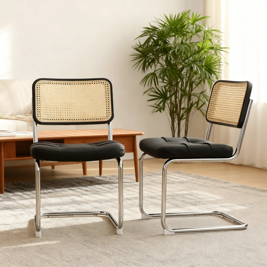 Zestaw 2 krzeseł do jadalni, krzesła akcentowe ze sztucznej skóry z chromowanymi nogami, krzesła w stylu Mid-Century Modern zaprojektowane przez Breuer, krzesła tapicerowane do jadalni, salonu lub kuchni - Czarne - Zobacz 1