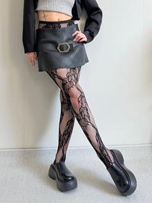 New Spring/Summer Dark Goth JK Stockings, Asymmetrical Rose Jacquard Fishnet Pantyhose, Hollow Out Design - Clear - View 6