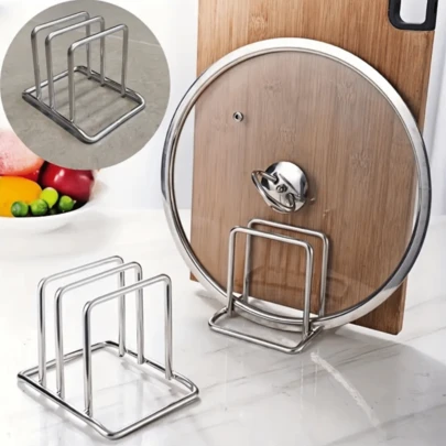 Stainless Steel Kitchen Storage Rack, Featuring A Cutting Board, Pot Lid Holder, And Tray Storage Rack – A Space-Saving, Rust-Resistant Modern Countertop Cabinet Ideal For Kitchens.