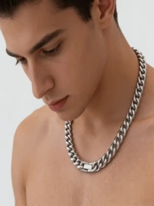 Collar de eslabón cubano de acero de titanio, collar versátil tipo gargantilla para hombres - Plateado - Ver 5