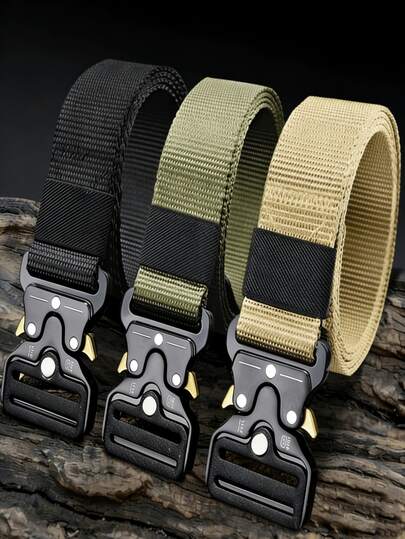 战术男士腰带，配备1秒快速释放扣 - 高强度尼龙织带，透气耐用，军用腰带，适用于户外、工作、徒步旅行、日常携带。可调节腰带，带安全环，战术装备，求生腰带，执勤腰带，兼容MOLLE系统，黑色。