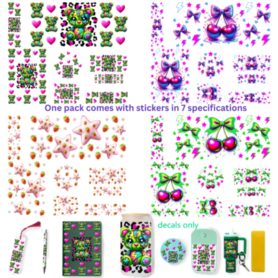 Cute Bear & Cherry & Star Design [7-Pieces UV DTF Decal Kit+1Tool] - Includes 16oz Cup Wrap X1, A6 Notebook Sticker X1, Mini Cup Keychain Wrap X1, Bottle Decal X1, Pen Wrap X1, Bookmark X1 & Lid Sticker X1 And Tool X1 - Easy Apply, Durable Finish, Set, Pack, Bundle, Collection For Easter/Mother's Day/Father's Day