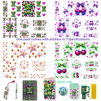 Sevimli Ayı, Kiraz ve Yıldız Tasarımı [7 Parçalı UV DTF Çıkartma Seti + 1 Alet] - 16 oz Bardak Çıkartması X1, A6 Defter Çıkartması X1, Mini Bardak Anahtarlık Çıkartması X1, Şişe Çıkartması X1, Kalem Çıkartması X1, Kitap Ayracı X1 ve Kapak Çıkartması X1 ve Alet X1 İçerir - Kolay Uygulanır, Dayanıklı Yüzey, Set, Paket, Koleksiyon, Paskalya/Anneler Günü/Babalar Günü İçin