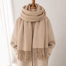 Unisex Black Scarf With Fringe 175*60cm Elegant Comfortable English Style For Winter - Beis - Ver 5