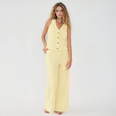 KATCH ME Women's Minimalist V-Neck Button Tank Top & Wide Leg Trousers Co-Ord Set, Soft Breathable Two-Piece Outfits
