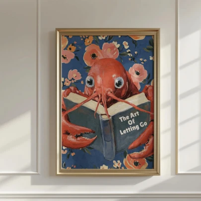 1幅“艺术版画”龙虾阅读装饰画：独特的厨房装饰、帆布墙画、时尚女孩艺术、励志语录艺术、家居装饰、悬挂式帆布画