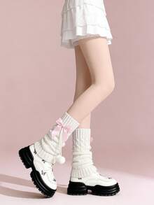 1 đôi tất giữ ấm đùi bằng len dệt kim màu hồng/xanh dương/trắng dễ thương kiểu Lolita với nơ và quả bông. - Nhiều màu - Xem 6