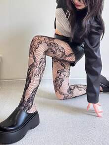 New Spring/Summer Dark Goth JK Stockings, Asymmetrical Rose Jacquard Fishnet Pantyhose, Hollow Out Design - Clear - View 8