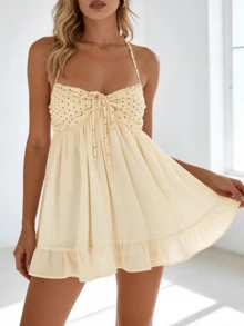 Women's Summer Dot Print Cami Dress White Sleeveless Ruffle Trim Herm Tie Up Beach Dress - Màu vàng - Xem 5