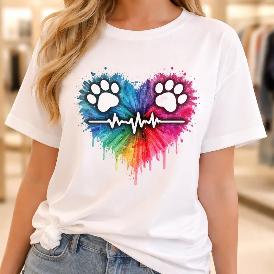 Camiseta de algodón para mujer con estampado de corazón arcoíris y pata de perro, camiseta casual de manga corta para amantes de las mascotas, ideal para uso diario o como camiseta conmemorativa para amigos o seres queridos. También es adecuada como suéter. Entrega rápida. - Blanco - Ver 1