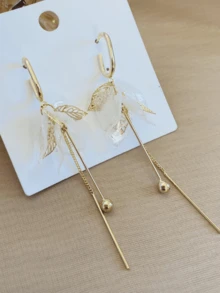 1对新款优雅树叶造型耳环，简约时尚长款金属流苏耳环，适合女性日常佩戴，礼品 - 金色 - 查看 2