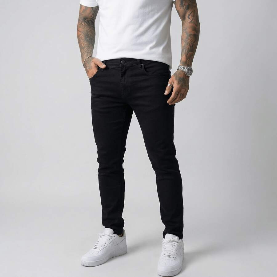 Men's Black Long Jeans With Zipper Detail, Raw Wash, Medium Stretch Fabric, Not See-Through. - Black - View 1