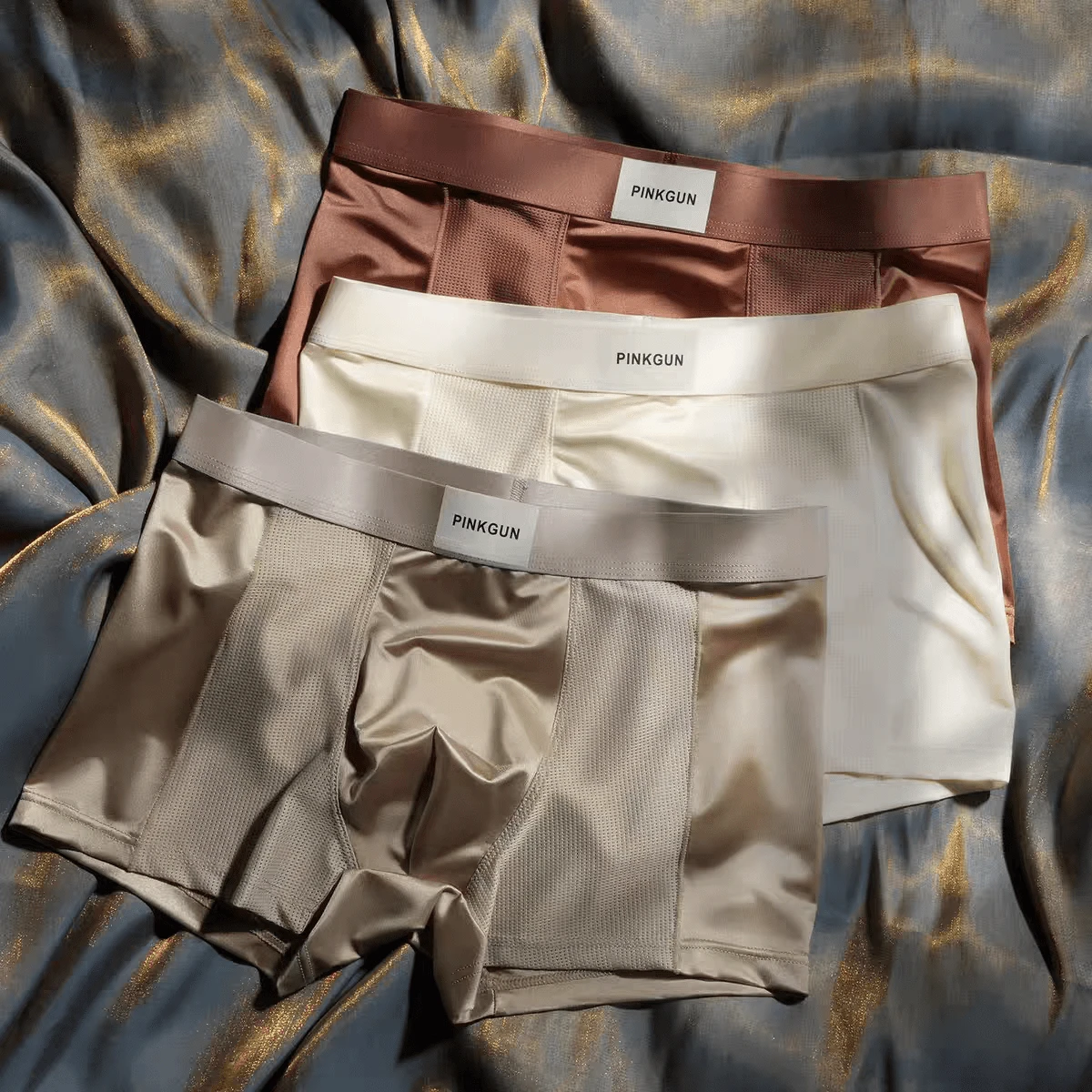 Light Luxury Satin Ice Silk Men's Boxers, Mulberry Silk Antibacterial Crotch, Seamless Breathable Nude Feel Trunks - 香檳色 - 查看 1