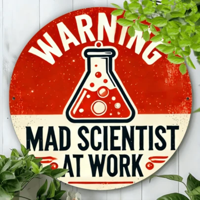 1pc Crazy Scientist Family Wall Decor, Metal Lab Logo Decoration, Crazy Scientist Prop, Chemistry Classroom Decor, Funny Warning Lab Metal Sign, Pre-Drilled Holes As Shown In Size Chart