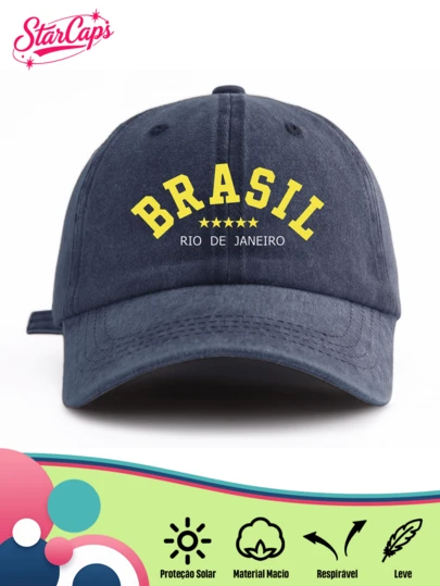 1 Pc Unisex Vintage Washed Baseball Cap - "BRASIL" Football Heritage & Rio De Janeiro City Graphic Print - Available In Multiple Retro Colors - Soft Texture Adjustable Dad Hat For Brazil Travel, Souvenir & Match Day Gift