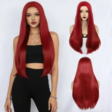 Bright Red Middle Part Long Straight Wig, Heat Resistant Synthetic Hair, Perfect For Cosplay, Party And Daily Wear - Red - View 1