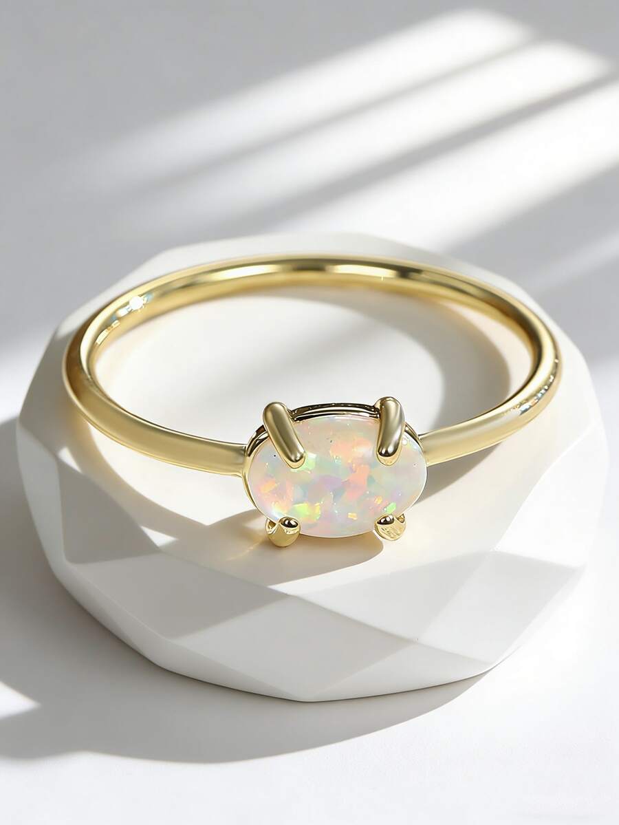 Charm-In Nhẫn opal oval mạ vàng tinh tế dành cho nữ, kiểu dáng mảnh mai, lý tưởng để đeo cùng các nhẫn khác. - Vàng - Xem 1