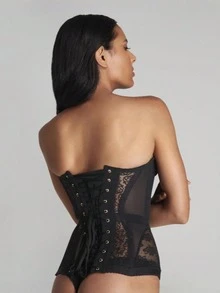 Vestido corsé de encaje: estilo dulce y fresco con escote en V y espalda cruzada para moldear el cuerpo. - Negro - Ver 4