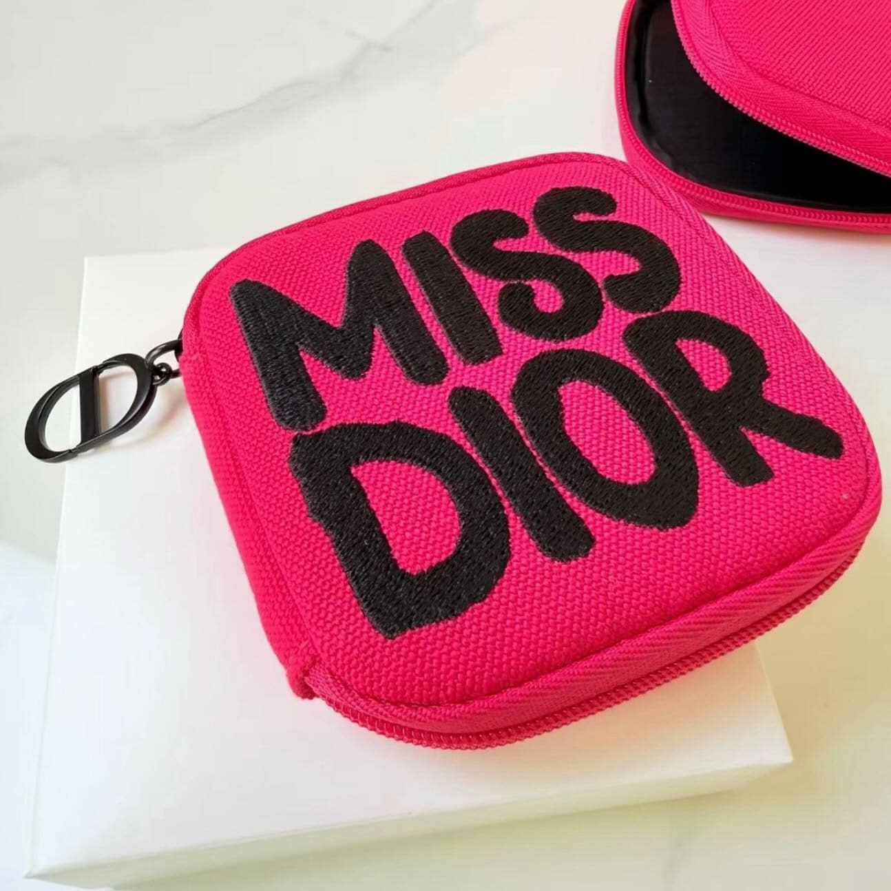 Dior Rose Red Textured Canvas Cosmetic Bag, Square Black Graffiti Letter Pattern Makeup Pouch - Hot Pink - View 1