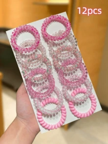 12 piezas/6 piezas Lazos para el cabello de alambre de teléfono rosa, bandas elásticas para el cabello, estilo dulce y lindo, accesorios para el cabello de mujer, adecuados para uso casual diario y al aire libre, útiles escolares, decoraciones para el cabello, accesorios de mujer - Rosa - Ver 9