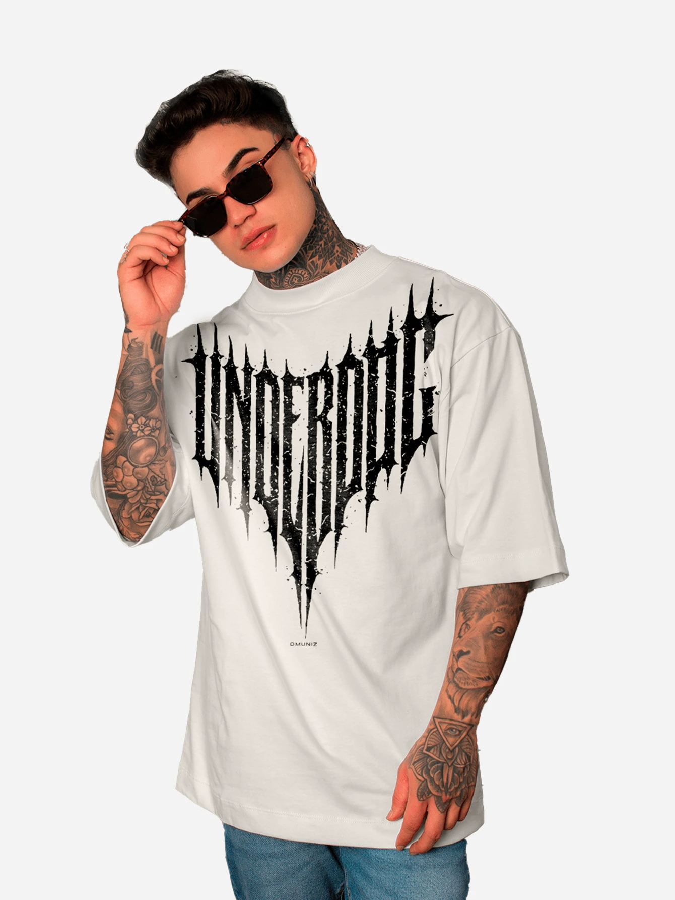 Oversized Streetwear Crew Neck T-Shirt DMUNIZ UNDERDOG Santinni 100% Cotton Premium Release Gym Workout New - 奶油色 - 查看 1