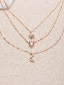 3件套欧美风格星月叠层项链，复古多层奢华水钻水滴吊坠项链，女士款 - 金色 - 查看 2