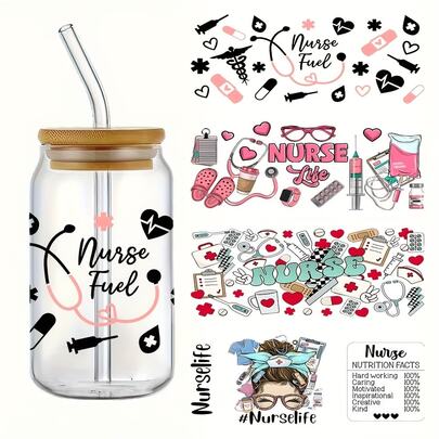 4pcs/Set Nurse-Themed UV DTF Cup Wrap Decal Printing, Self-Adhesive Stickers, Suitable For Mugs, Water Bottles, And Cups, DTF Transfer Stickers Suitable For 16-Ounce Glass Jar Wrapping, DIY Packaging Transfer Stickers - Ideal For DIY Crafts And