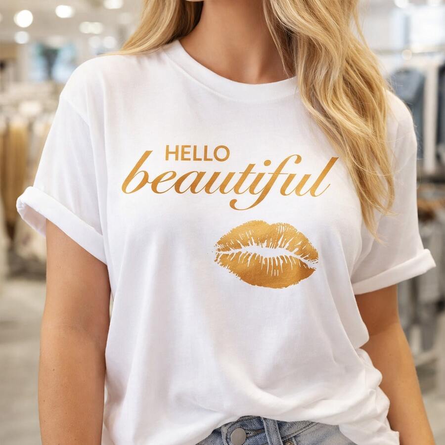 Camiseta de Algodón para Mujer con Estampado de Labios Dorados "Hello Beautiful". Camiseta casual de algodón para uso diario, o como camiseta conmemorativa para amigos o seres queridos. También adecuada como suéter. Entrega Rápida. - Blanco - Ver 1