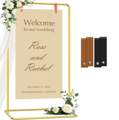 Wedding Sign Holder, Adjustable Welcome To Our Wedding Sign Stand W/Design Leather Sign Hanging Straps,For Wedding, Birthday Party, Holiday Gatherings, Event Celebrations,Wedding Seating Chart Stand, Easel For Display (Gold)