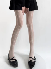 1 Pair Black/White/Skin/Gray/Purple Spring & Summer Sheer Vertical Striped Lace Polka Dot Tights - Multicolor - View 12