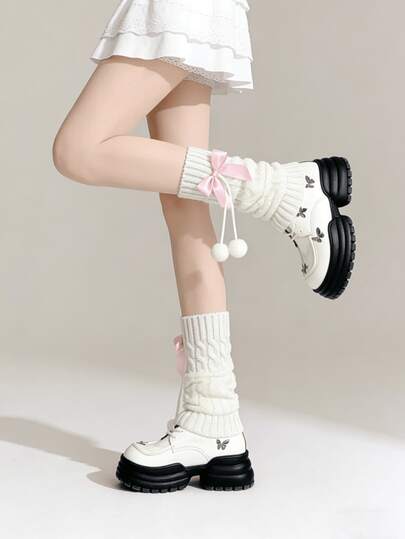 1双粉色/蓝色/白色可爱洛丽塔蝴蝶结绒球针织过膝长筒袜