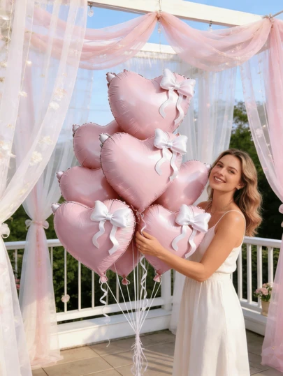 8/5/1个 22英寸心形铝箔气球，带可爱迷你蝴蝶结，亮粉色、黑色、红色、浅粉色心形气球，适合公主生日派对装饰、蝴蝶主题派对用品、情人节装饰、求婚、周年纪念、日常使用、婴儿派对、新娘派对、单身派对、婚礼订婚装饰、新娘气球和其他节日装饰。