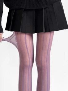 1 Pair Black/White/Skin/Gray/Purple Spring & Summer Sheer Vertical Striped Lace Polka Dot Tights - Multicolor - View 1