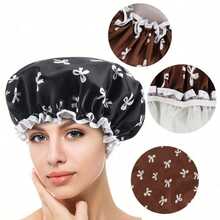 1pc Thickened Double-Layer Bow Print Shower Cap For Women, Waterproof Bath Hair Care Cap, Makeup Cap, Sleep Cap, Kitchen Anti-Oil Cap, Home Bathing Cap - Thickened version - View 8