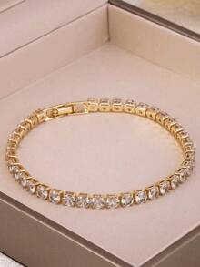 4 Stücke/Set Edelstahl Kleeblatt Zirkonia Blumen Armband, vielseitiges Schmuckzubehör für Frauen, geeignet für eleganten Alltag und Partys, ideales Geschenk - Goldgelb - Übersicht 4