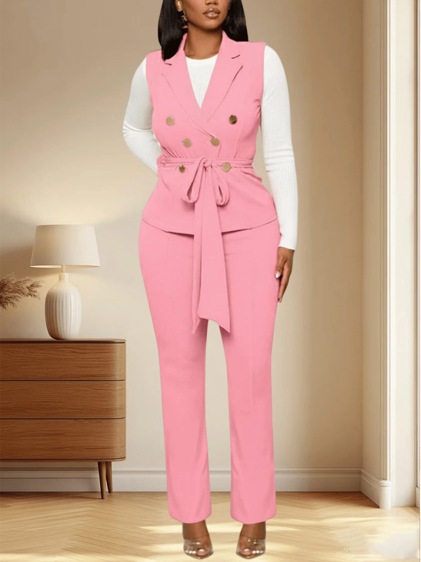 CALEBGAR Women's Business Suit 2 Piece Set, V Neck Sleeveless Belted Vest & Straight Leg Pants, Office Workwear Outfit - 粉色 - 查看 1