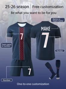 2pcs/Set Personalized Allover Print Football Uniform For Boys, 25-26 Years, Customized Name & Number/Club Logo, 7 Number Print, Short Sleeve Shirt & Shorts Set, Suitable For Sports, Cycling, Outdoor Running, Soccer Gift For Boys, Back To School - Royal Blue - View 4