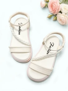 1双儿童米白色凉鞋，编织带凉鞋，手工编织鞋面，弹性后跟，防滑厚底，儿童时尚凉鞋，适合宴会、聚会、派对、婚礼、度假等场合。 - 白色 - 查看 2