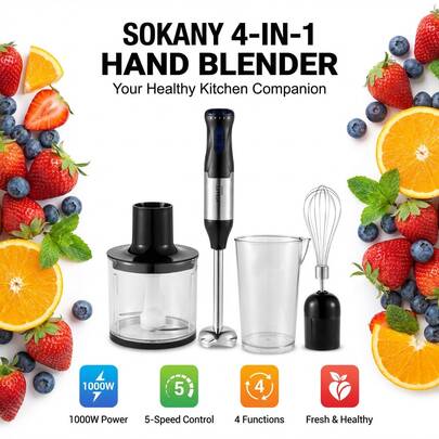  SOKANY 1711-4 多功能电动手持搅拌机，水果及辅食研磨机，四合一手持搅拌器，配备最大功率 1000W 的强劲电机，适用于制作奶昔、酱汁、汤品和婴儿辅食，是情人节的绝佳礼物。