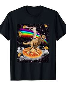 T-shirt casual da uomo a maniche corte - T-shirt estiva traspirante con girocollo e stampa "gatto su dinosauro", lavabile in lavatrice, vestibilità regolare per un look casual, ideale per il tempo libero estivo. - nero - Visualizzare 6