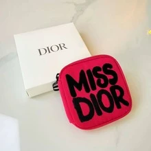 Dior Rose Red Textured Canvas Cosmetic Bag, Square Black Graffiti Letter Pattern Makeup Pouch - Hot Pink - View 2