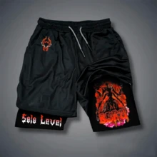 2-In-1 Compression Shorts With Secret Pocket, Summer Regular Fit, Anime Symbol, Solo Leveling Drawstring Pocket, Anime Geek Otaku Workout Fitness. - 黑色 3 - 查看 1