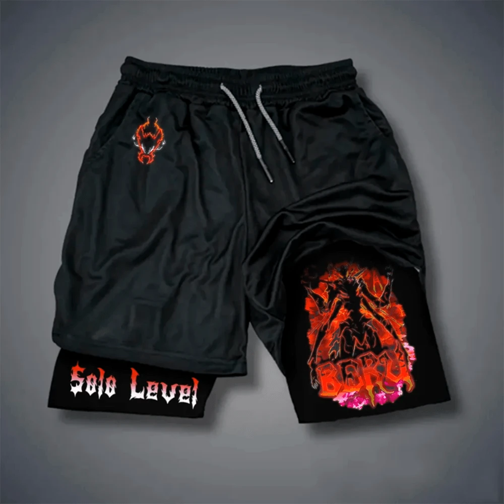 2-In-1 Compression Shorts With Secret Pocket, Summer Regular Fit, Anime Symbol, Solo Leveling Drawstring Pocket, Anime Geek Otaku Workout Fitness. - 黑色 3 - 查看 1
