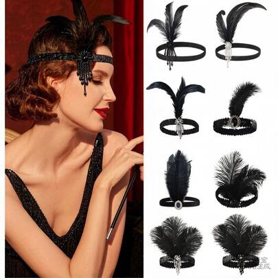 1920s Feather Headband Series: Exquisite Black Ostrich Feather With Artistic Crystal Cluster Decoration - Vintage Flapper Headpiece Suitable For 20s Themed Galas, Swing Dance Parties, Weddings, Jazz Age Events And New Year's Eve Celebrations | Multiple Styles Available