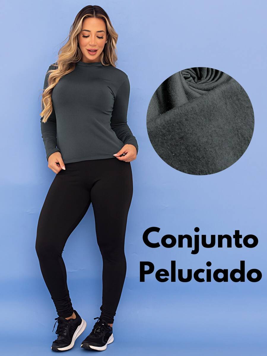 Women's Winter Thermal Sports Set, Base Layer Top, Fleece Leggings, Fleece-Lined Fitness Pants, Tarelles - 深灰色 - 查看 1