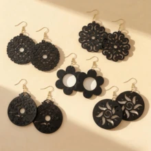 5 Pairs Wooden Carved Earrings, Vintage Artistic Style Round Ear Studs, Suitable For Parties And Vacations - Black - View 2