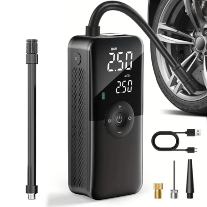 Carsun 便携式空气压缩机，150 PSI 汽车轮胎充气泵，60 秒快速充气，自动断电，双数字显示，多功能自行车气筒，IF 设计奖获奖产品，后部嵌入式储物盒带 3 个喷嘴适配器，侧面软管收纳，带气管，LED 灯（白色/紧急红色），汽车配件 - 适用于汽车、摩托车、足球、篮球等。