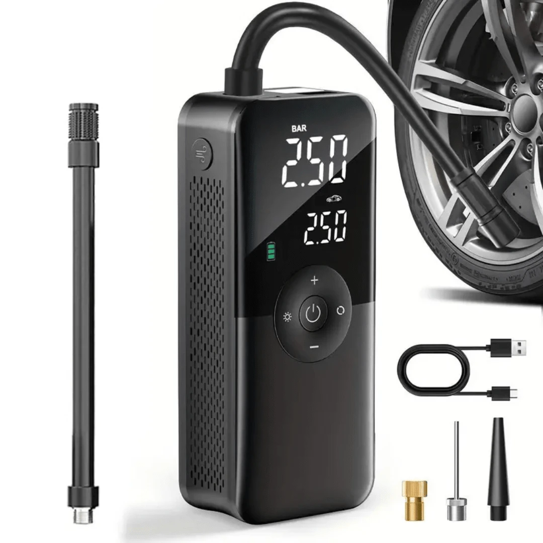 Carsun Portable Air Pump, Car Air Pump, 150 PSI, 60 Seconds Fast Inflation, Auto Shut-Off, Dual Digital Display, Multi-Function Bicycle Air Pump, IF Design Award Winner, Rear Embedded Storage Box With 3 Nozzle Adapters, Side Hose Storage,