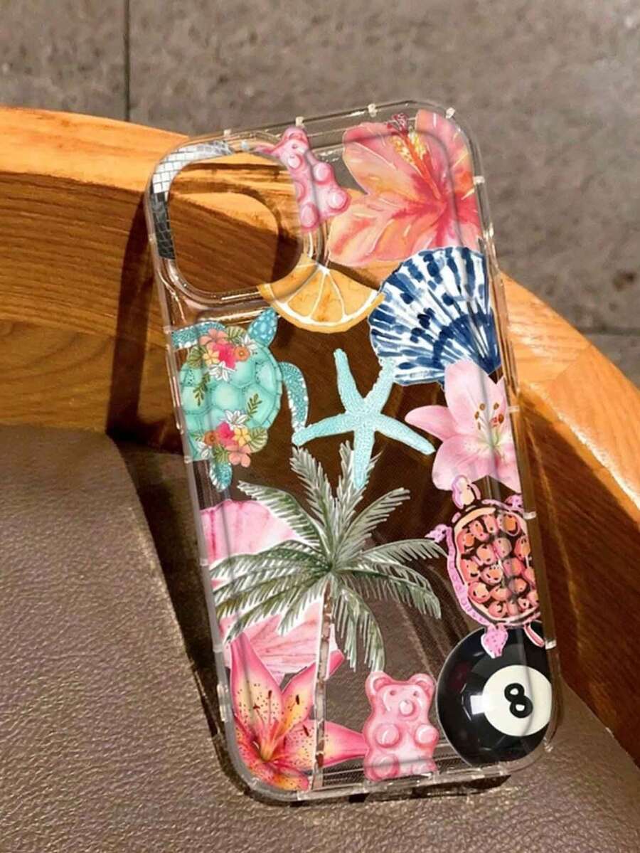 1pc Summer Coconut Tree & Hibiscus Print Transparent Air Cushion High Transparency TPU Material Phone Case, Suitable As Holiday Gift Compatible With Apple XS/XS Max/XR/11 12 13 14 15 16 Pro/Pro Max/14 15 16 Plus/17 And S25, 24, 23, 22, A73, A55 Etc. - Multicolor - View 1